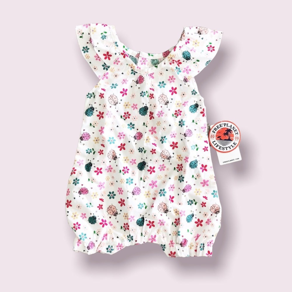Free Planet White Floral Romper Cotton Pleated Baby Girl NWT